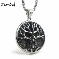 MENDEL Mens Stainless Steel Gothic Biker Skull Tree of Life Pendant Necklace Men