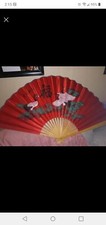 Handmade hand painted large wooden Oriental wall fan with peacocks