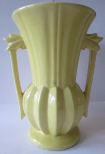 HANDLED FLOWER VASE! Vintage McCOY ART pottery: gloss YELLOW glaze: EXC