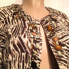 Chico s Brow Beige Beaded Blazer Green Orange Hook Eye Clasps 3/4 Sleeve Sz 1 M