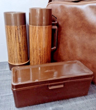 Vintage ALADDIN "Brown Bagger" Picnic Thermos Set w/ Carry Case & Sandwich Box