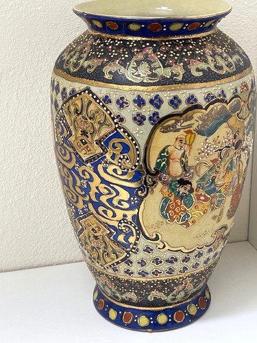12" Vintage Oriental Satsuma Style Porcelain Vase Handpainted Gold Gilt - 第 7/13 張圖片
