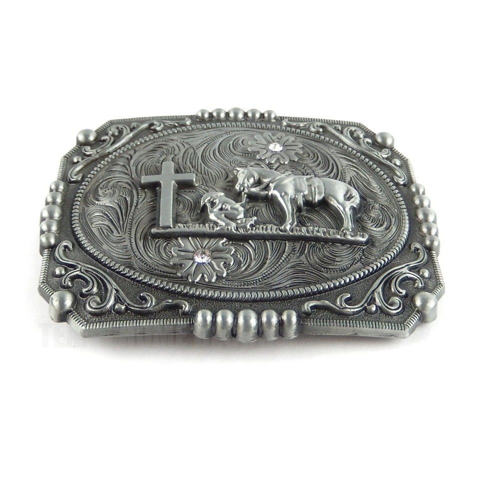 Western Floral Belt Buckle Praying Cowboy Kneeling at Cross Antique Silver Tone eBay