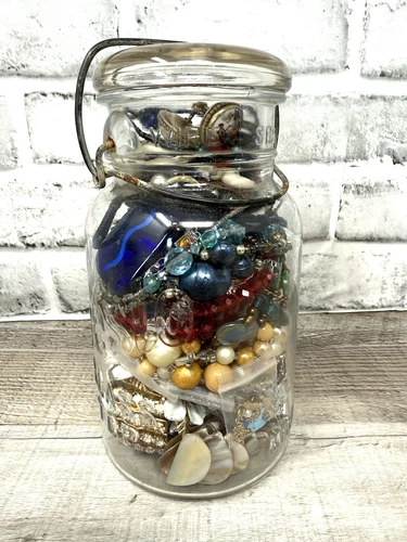 Mixed Mystery Costume Jewelry Jar w/ Vintage Presto Glass Jar Wearable
