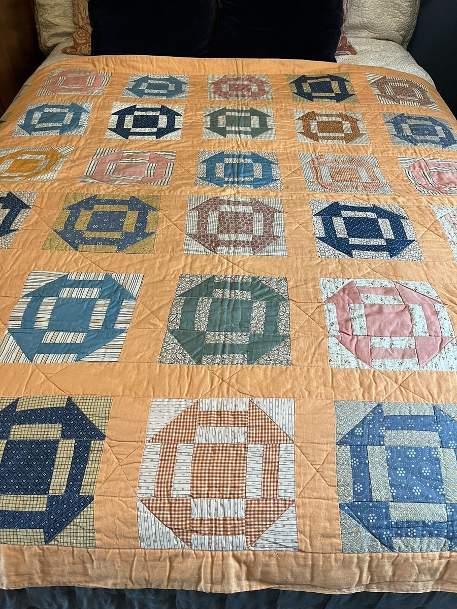 Vintage Handmade Quilt Monkey Wrench Blue & Orange | eBay