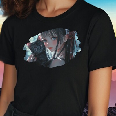 Women Anime Girls Cat Print Cotton T-Shirt Size S to 3XL