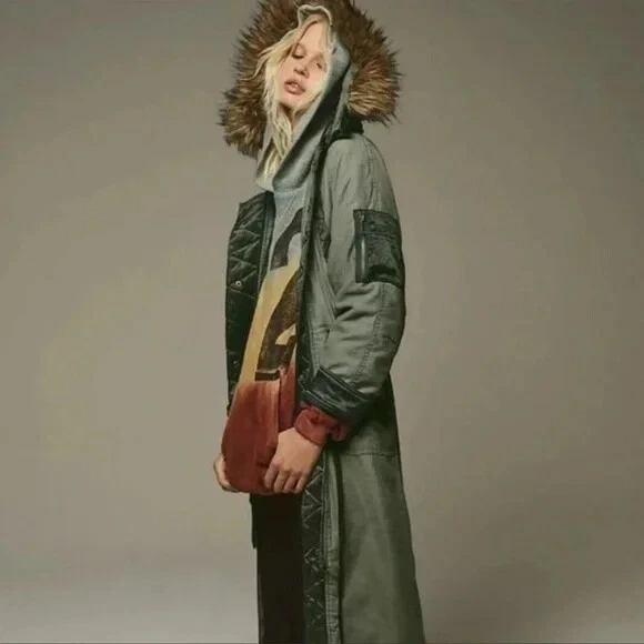 Chaqueta Parka Militar Free People Farrah Capucha Piel Sintética XS NUEVA