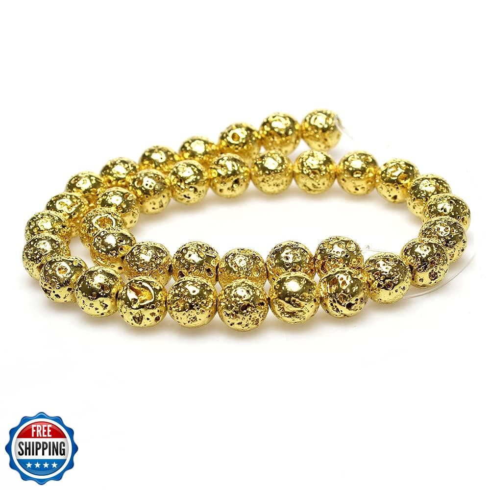MJDCB Electroplate Gold Color Natural Volcanic Lava Stone Round Loose Stone B