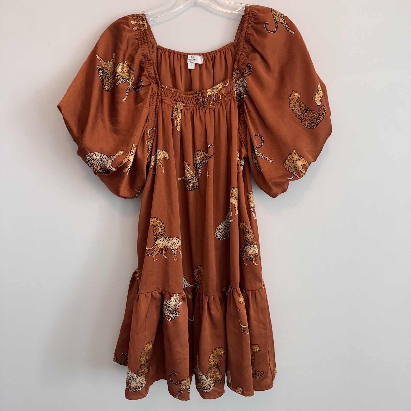 Entro Leopard Print Puff Sleeve Mini Dress Women’s Small Boho Tiered Boutique