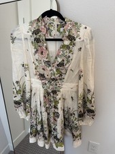 Floral Linen Pleated V-Neck Balloon Sleeve Short A-Line Dress Zip Closure Women