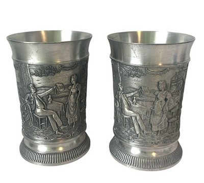 2 German Pewter Tankard Tumbler Frieling Zin Raised Relief Vintage Barware