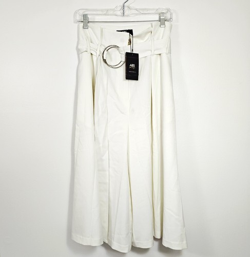 ABS by Allen Schwartz Ivory Silver Ring Belt Pockets Wide Leg Crop Dress Pants