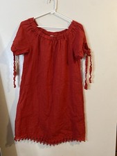 Lungo L’Arno Made In Italy Womens Red Midi Linen Dress With Crochet Lace Hem