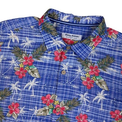Tommy Bahama Coconut Point Mens XL Blue Plaid Tropical Floral Palm Button Shirt