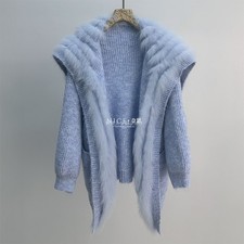 Cardigan maglione donna blu navy collo pelliccia di volpe maglia slim giacca pelliccia ampia
