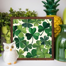 St. Patrick's Day Framed Wood Sign - Green Shamrock Clover Pattern Rustic Decor