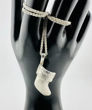 Heavy Sterling Silver Christmas Stocking Pendant Italy Wheat Chain Necklace 14 g