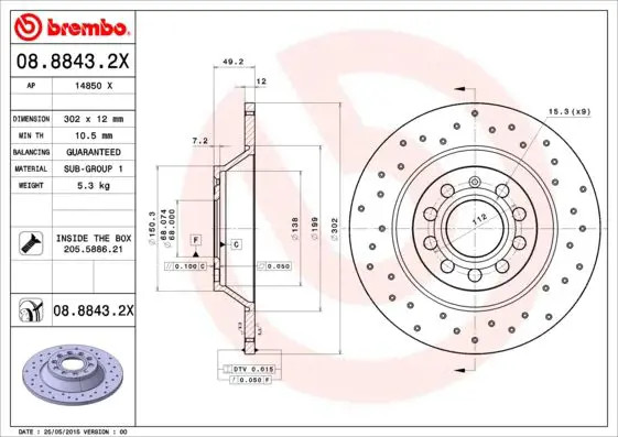 Brembo 08.8843.2X Xtra UV-beschichteter massiver gebohrter Bremsrotor für Audi/Audi (FAW) OE# 4F0615601E - Bild 2