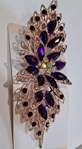 VTG Ornate Purple Rhinestone Barrette Hair Clip Huge Gold Purple Hair Jewelry
