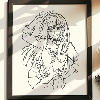 Hand Drawn (Not a Print) Marin Kitagawa Framed Pen and Ink Art Drawing Anime