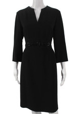 Tahari Women Sheath Dress Black V-Neck 3/4 Sleeve Knee Length Size 8