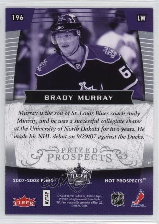 2007-08 Fleer Hot Prospects Prized Prospects /999 Brady Murray #196 Rookie RC - Image 2 of 2