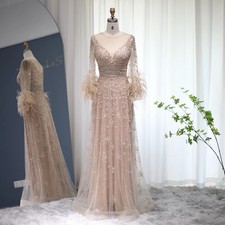 Champagne Feather Evening Dress Dubai Beaded Muslim Plus Size Formal Gown