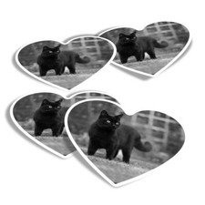 4x Heart Stickers - BW - Hunting Black Cat Kitten Pet #38550