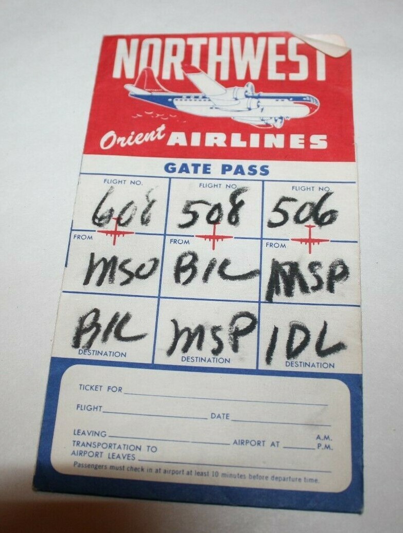 NORTHWEST ORIENT AIRLINES GATE PASS ENVELOPE 1957 MISSOULA ADVERTISING