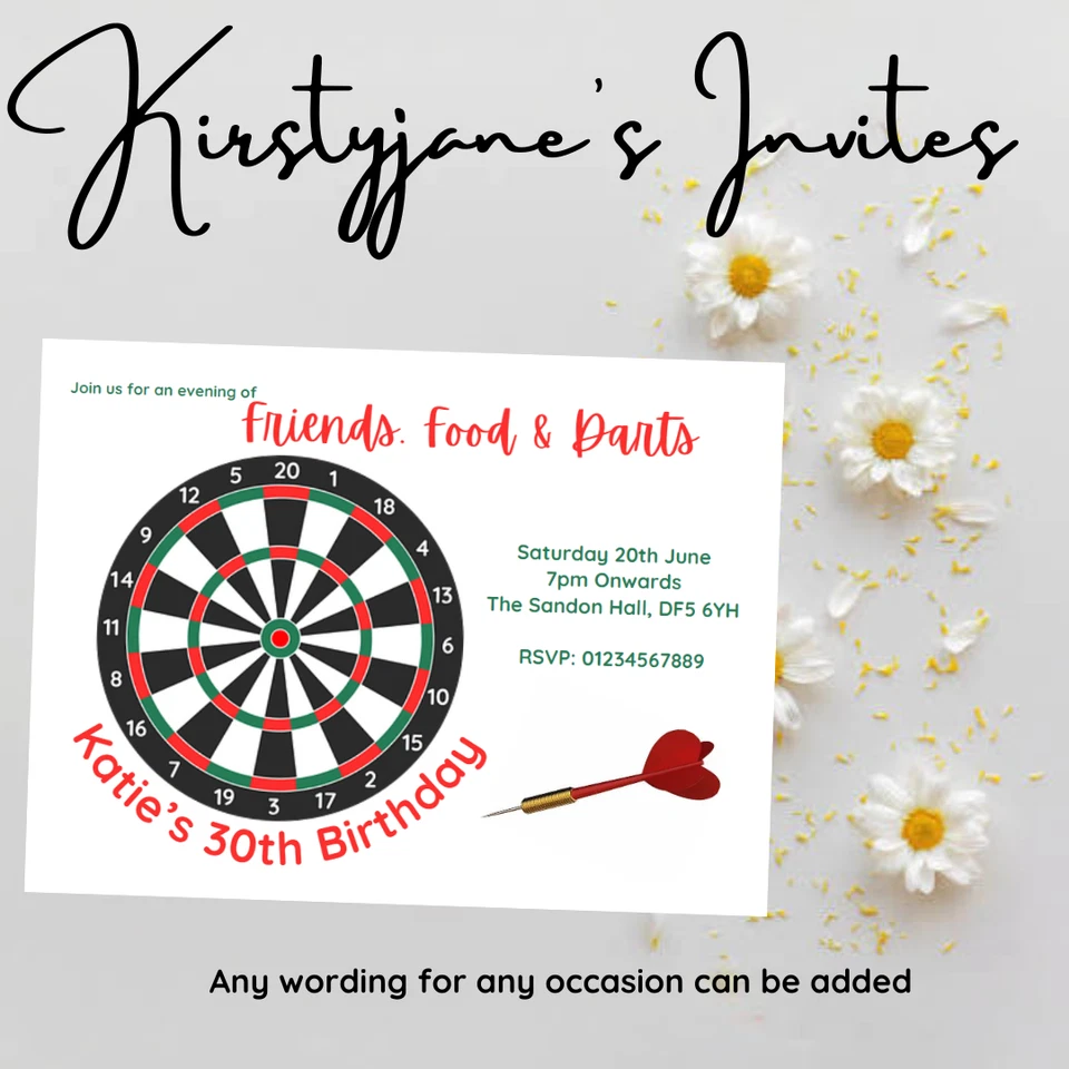KIRSTYJANE'S INVITES Birthday party invitations invites Personalised DARTS DARTBOARD 18TH 21ST 30TH