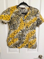 Women Scrub Top, Black and Yellow Cheetah Print, Size Small, Great Condition