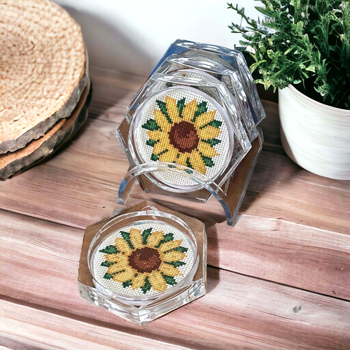 Handmade Cross Stitched Sunflower Cross Stitch Coasters Set of 4 with