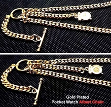 Gold Plated V Strong Pocket Watch Albert Double Chain With Ornate Fob.
