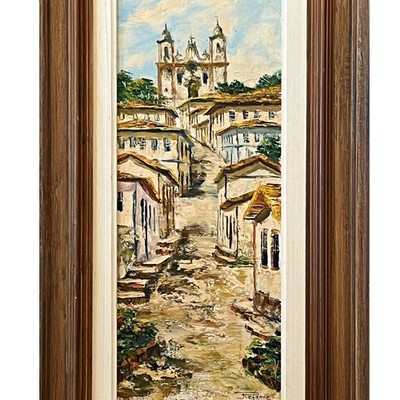 Vintage 1979 Brazilian Oil Painting 16x28 Tiradentes by J. Refanne