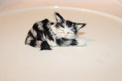 Vintage Realistic Sleeping Kitten 3.55'' Small Cat Kitten Figurine Black & White