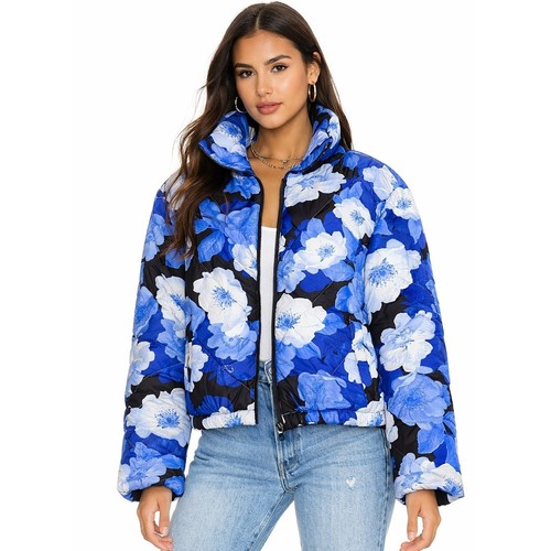 Electric & Rose Puffer Jacket Women Medium Blue Floral Print Time To Live