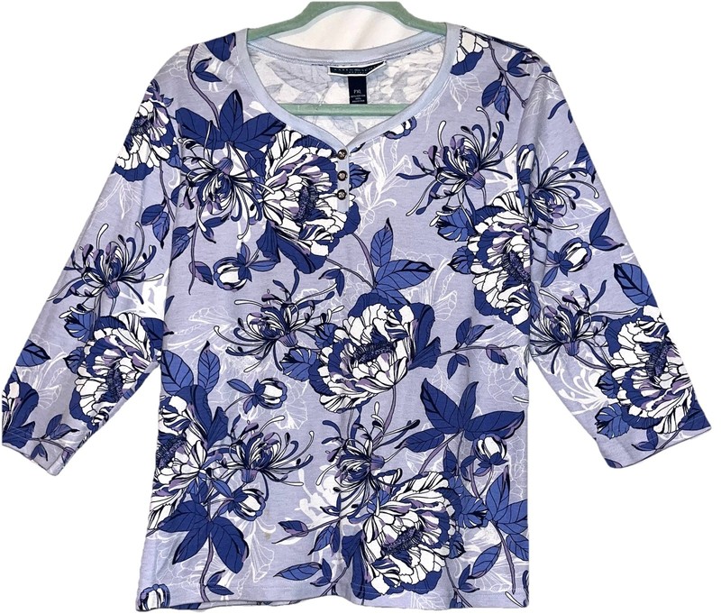 Karen Scott Petites Sz PXL Lt Blue Floral 3/4 Sleeve Top