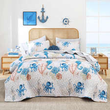 Coastal Quilts Bedding Set Queen Size - Summer Nautical Bedding Quilt with Pillo