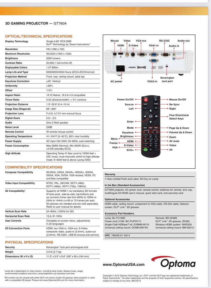 Proyector doméstico para juegos/video Optoma GT760A DLP de corto alcance 3200 ANSI Full HD 3D Foto 4 de 4