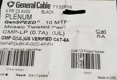 General Cable 7132858 23/4P GenSPEED 10 MTP Cat6A 10GX 10G Plenum Black /50ft