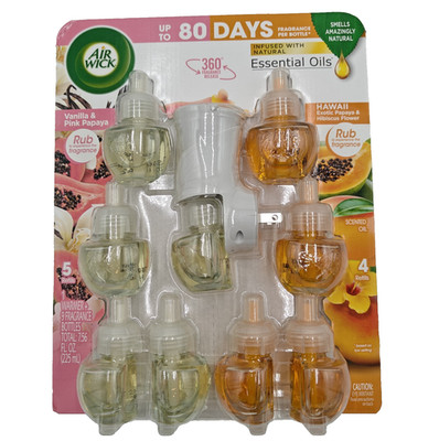 Airwick Essential Oils Air Freshener, 1 Unit & 9 Refills (Pink Vanilla & Hawaii)