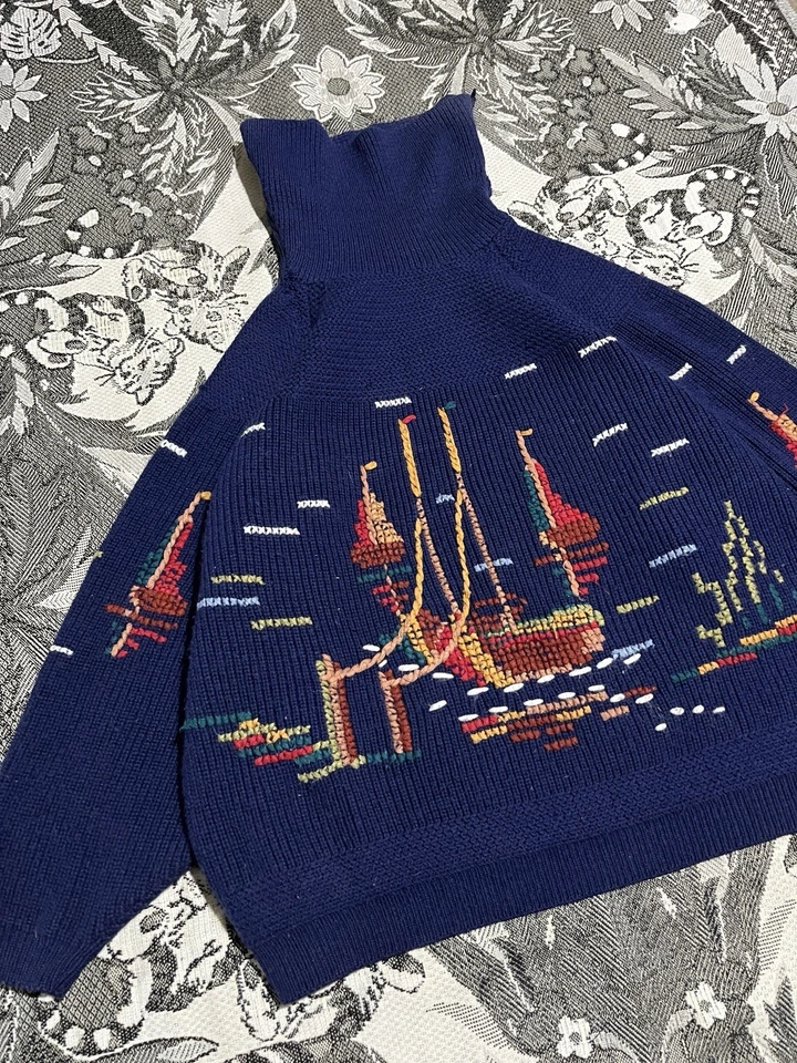 Vintage 90s Handmade Sweater Sea Theme Y2K Size Large Blue Mens - Image 3 of 4