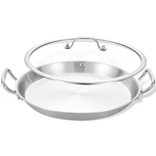 LOLYKITCH 13" Tri-Ply Stainless Steel Paella Pan, Lid, Griddle, Jumbo Skillet