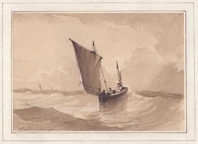 Boot boat See Meer Marine aquarelle drawing Aquarell A. Delacroix 1840
