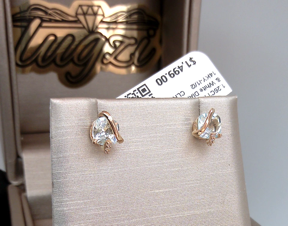 14K YELLOW GOLD ⭐ $1400 GENUINE SKY BLUE TOPAZ & NATURAL DIAMOND Earrings STUDS - Image 4 of 4