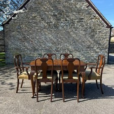 Queen Anne Style Burr Walnut Dining Table & 6 Chairs Cabriole Legs