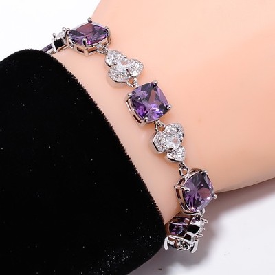 Purple Amethyst, CZ 925 Sterling Silver Adjustable Bracelet 7-8'' B142127