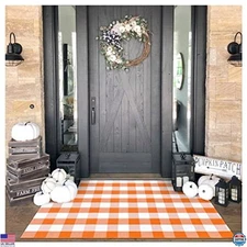 KOZYFLY 4x6 Ft Buffalo Plaid Rug Orange & White – Washable Hand-Woven Cotton Mat