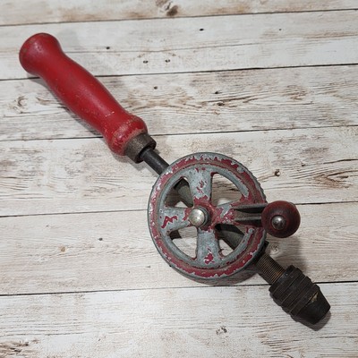 Vintage Newton Antique Hand Drill Eggbeater Style - Teeth Unbroken - Red - 12in