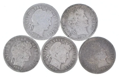 Better Lot 5 1906-D 1905-S 1898 1900-S 1909-O Barber Dime 0.50 Face *191